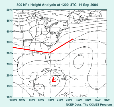 500-hPa height analysis at 12 UTC 11 Sept 2004, annotated to show ridge and hurricane location