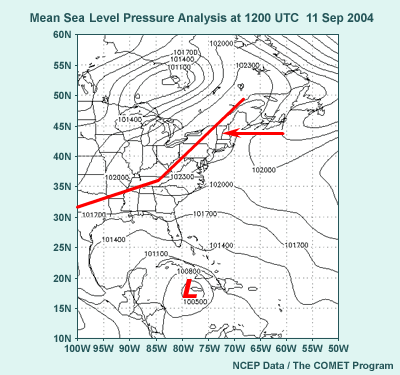 mean seal level pressure analysis at 12 UTC 11 Sept 2004, annotated to show ridge, circulation center, hurricane