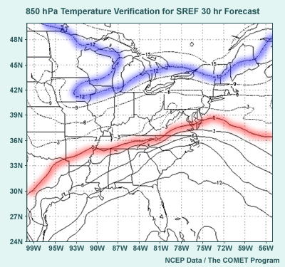 This image shows the verification for 850-hPa temperature ensemble 30-hour forecast