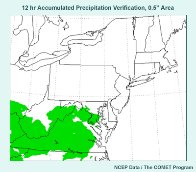 This image shows the verification for 24-hour accumulated precipitation, 0.5" area shaded