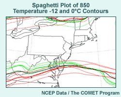 SREF 30-hr forecast of -12C and 0C 850-hPa temperature contours over the Mid-Atlantic states.