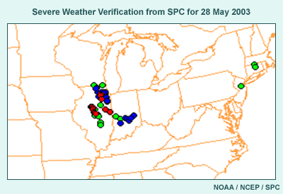 This images shows reports of severe weather as proxy for verification of SREF 1000 J/Kg forecast