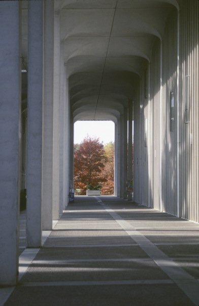 view of Univ at Albany podium
      colonnade; Business building looking west