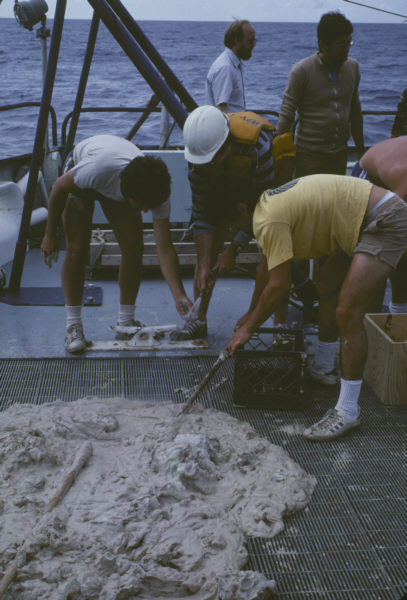 Great gobs of mucky gump
      (calcareous foram ooze) on deck of the R.V. Knorr