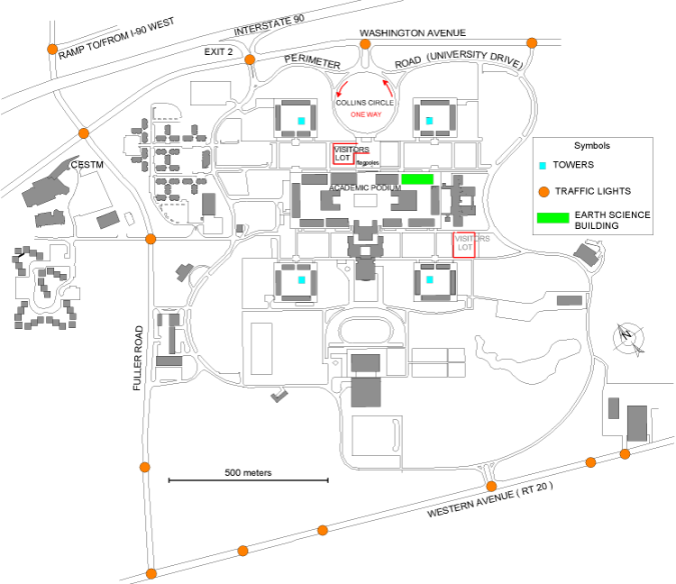Map SUNYA uptown campus c. 2000 - 53K png - link to 87K png
        large map