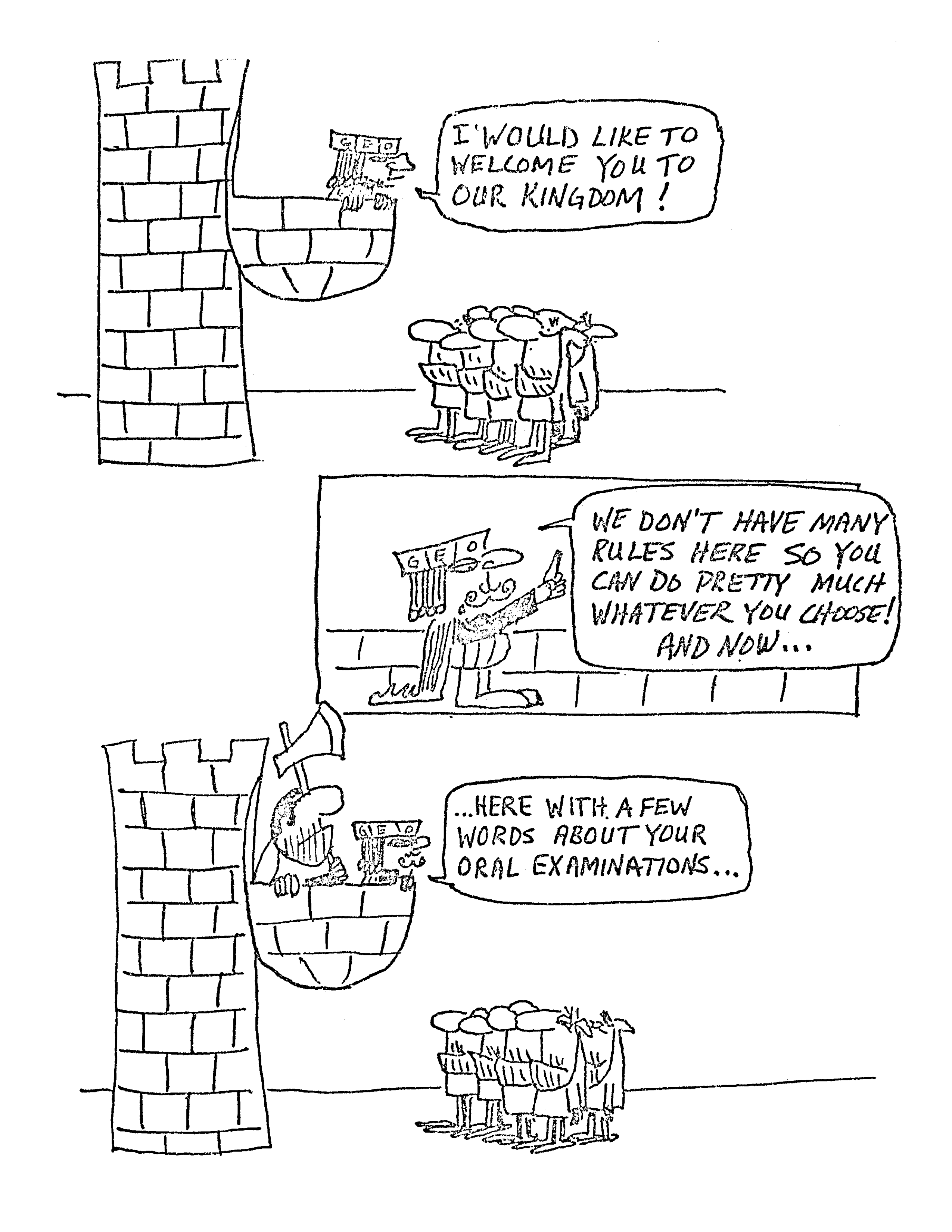 illustrated cartoon warning of the graduate oral exams