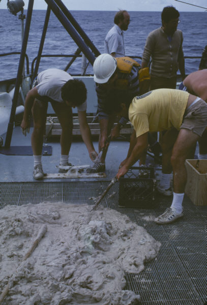 Great gobs of mucky gump (calcareous foram ooze) on deck of the R.V. Knorr
