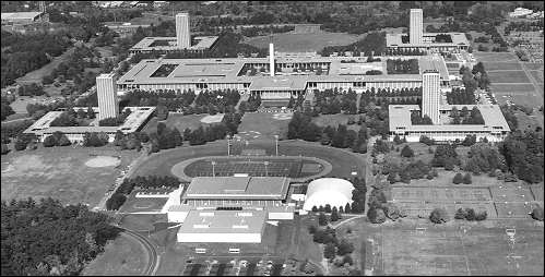 aerial view from the south of the State University of New York at Albany uptown campus, c. 1990