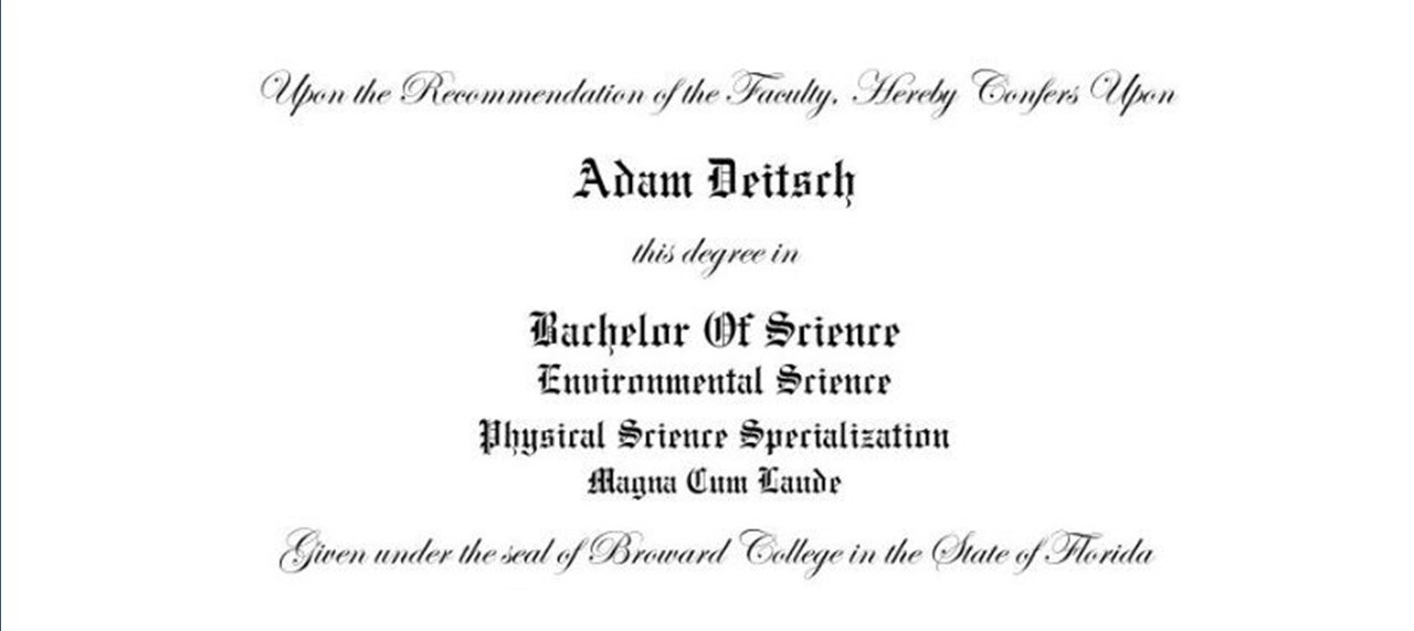 Image of a Bachelor of Science in Environmental Science degree from Broward College.
