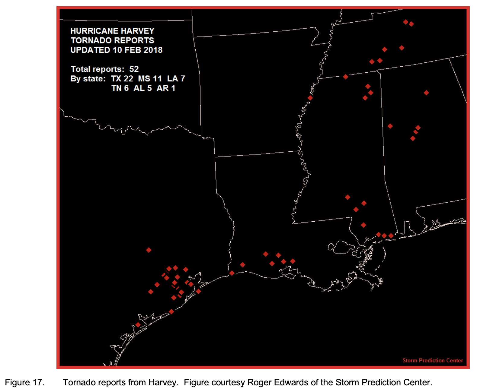 Location of Tornadoes reported in Hurricane Harvey